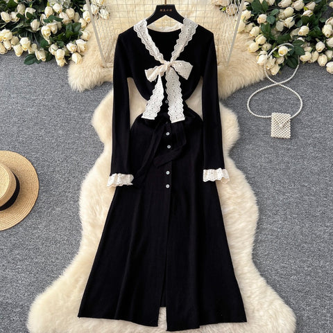 Elegant Bow-tie Lace Knit Dress