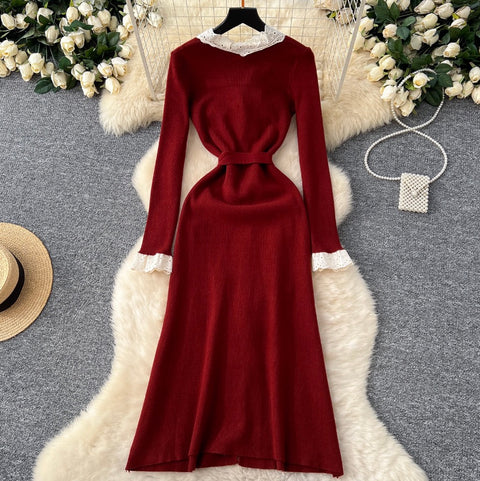 Elegant Bow-tie Lace Knit Dress