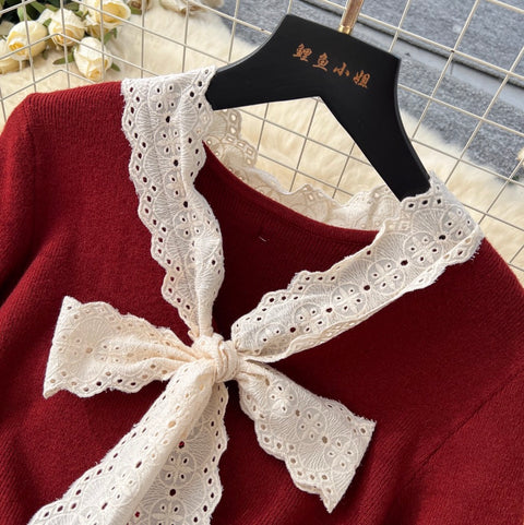 Elegant Bow-tie Lace Knit Dress