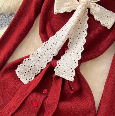 Elegant Bow-tie Lace Knit Dress