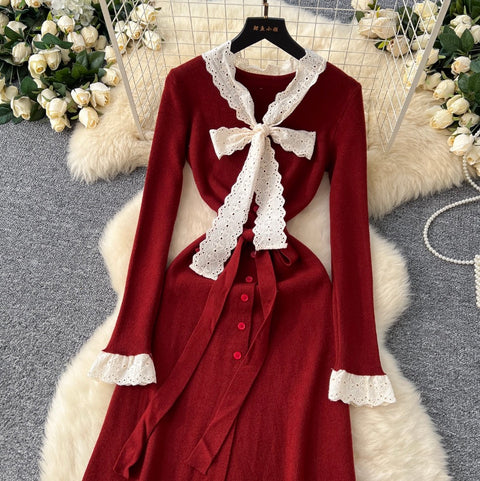 Elegant Bow-tie Lace Knit Dress