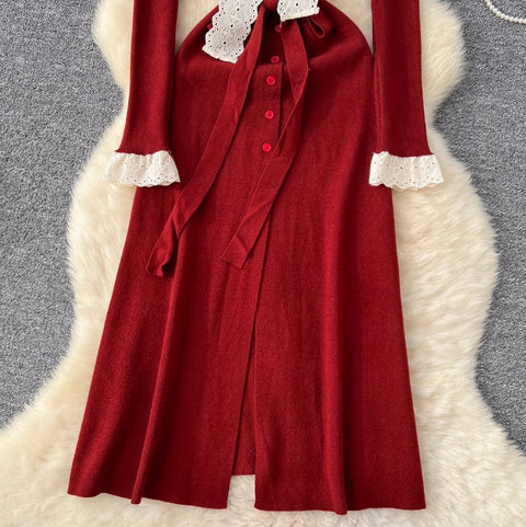 Elegant Bow-tie Lace Knit Dress