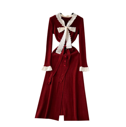 Elegant Bow-tie Lace Knit Dress