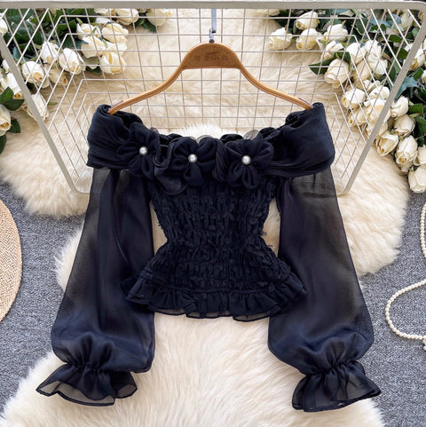 Nihce Off-shoulder Beaded Pleated Top