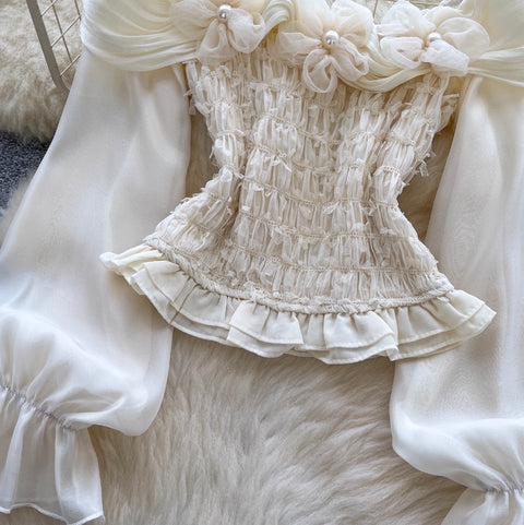 Nihce Off-shoulder Beaded Pleated Top