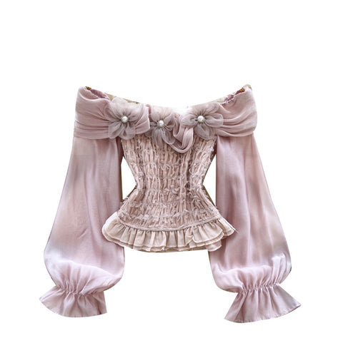 Nihce Off-shoulder Beaded Pleated Top