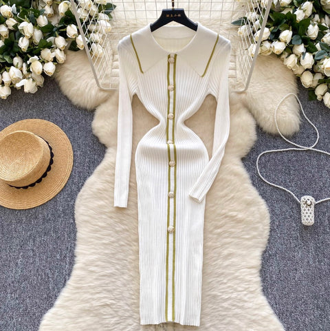 Elegant Lapeled Striped Knit Dress