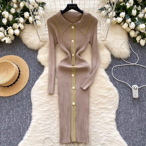 Elegant Lapeled Striped Knit Dress