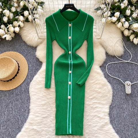 Elegant Lapeled Striped Knit Dress