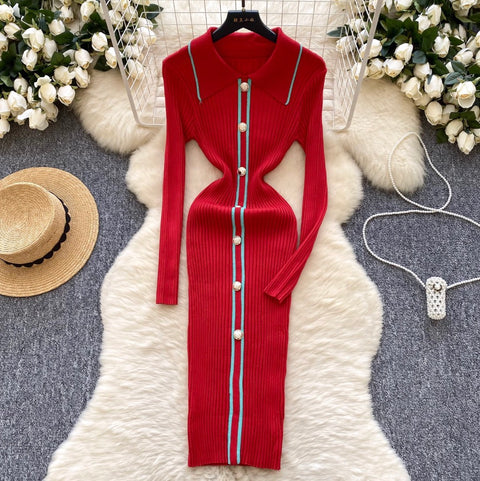 Elegant Lapeled Striped Knit Dress