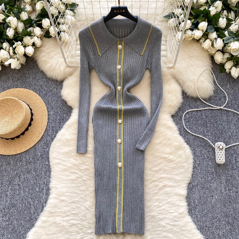 Elegant Lapeled Striped Knit Dress