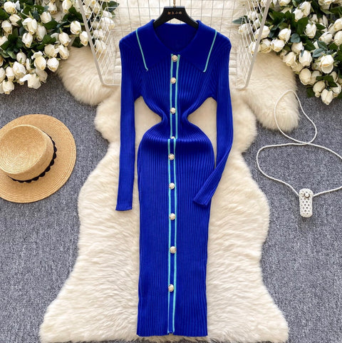 Elegant Lapeled Striped Knit Dress