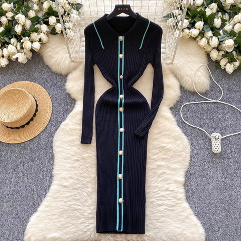 Elegant Lapeled Striped Knit Dress
