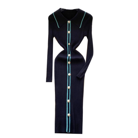 Elegant Lapeled Striped Knit Dress
