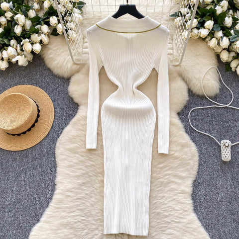 Elegant Lapeled Striped Knit Dress