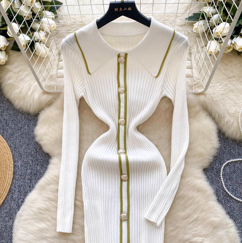 Elegant Lapeled Striped Knit Dress