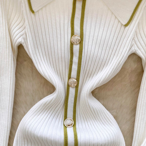 Elegant Lapeled Striped Knit Dress