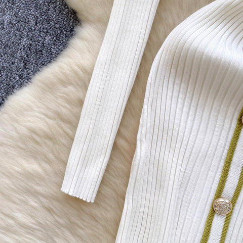 Elegant Lapeled Striped Knit Dress