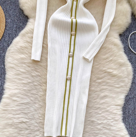Elegant Lapeled Striped Knit Dress