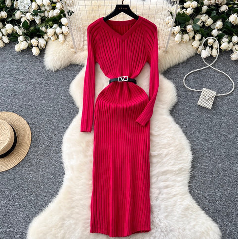 V-neck Tip-stripe Sweater Dress