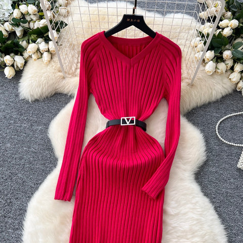 V-neck Tip-stripe Sweater Dress