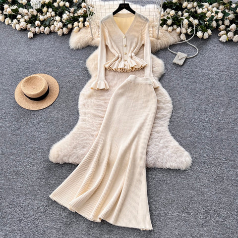 Ruffled Cardigan & Fishtail Skirt 2Pcs
