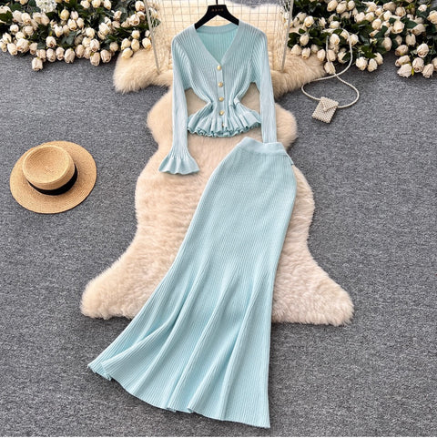 Ruffled Cardigan & Fishtail Skirt 2Pcs