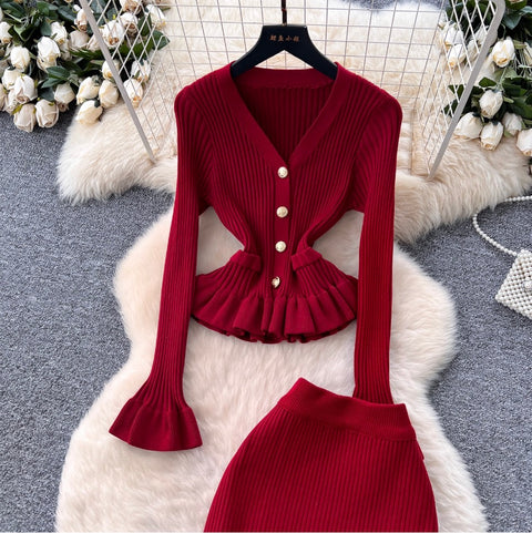 Ruffled Cardigan & Fishtail Skirt 2Pcs