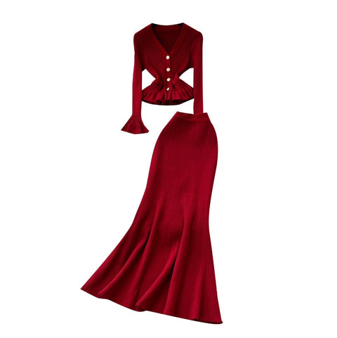 Ruffled Cardigan & Fishtail Skirt 2Pcs