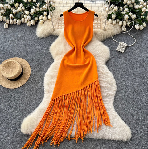Asymmetric Fringed Knitted Vest Dress
