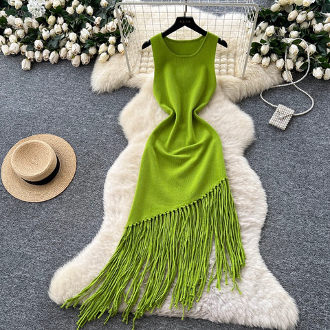 Asymmetric Fringed Knitted Vest Dress