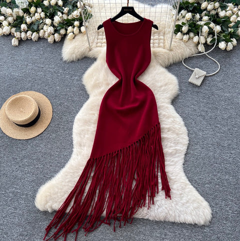 Asymmetric Fringed Knitted Vest Dress