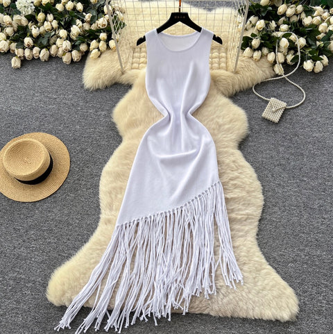 Asymmetric Fringed Knitted Vest Dress