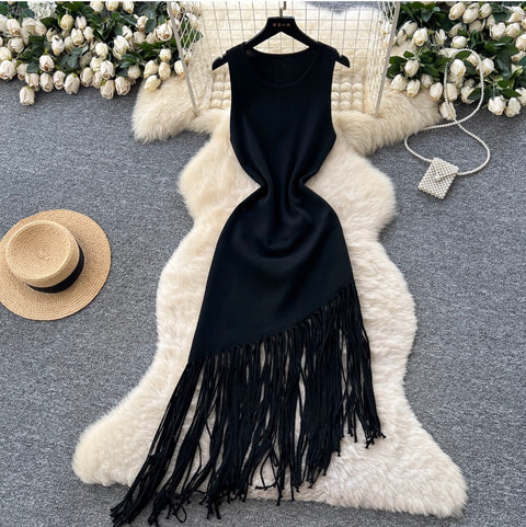 Asymmetric Fringed Knitted Vest Dress