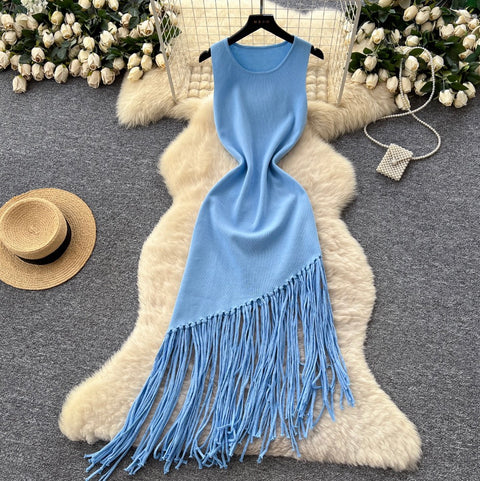 Asymmetric Fringed Knitted Vest Dress