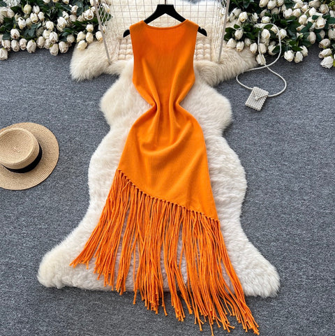Asymmetric Fringed Knitted Vest Dress