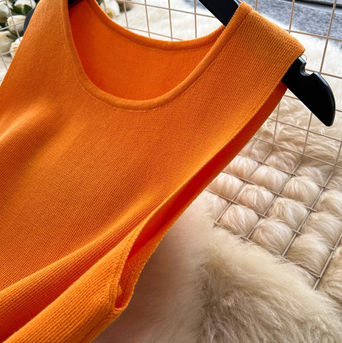 Asymmetric Fringed Knitted Vest Dress