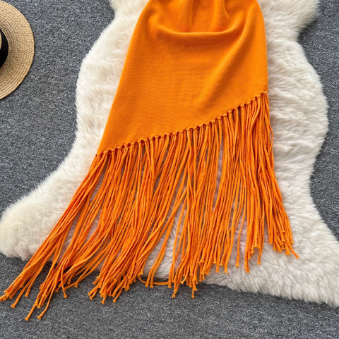 Asymmetric Fringed Knitted Vest Dress