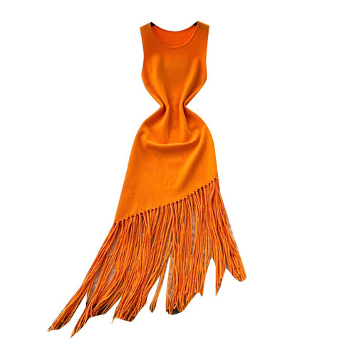 Asymmetric Fringed Knitted Vest Dress