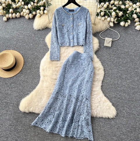 Beaded Cardigan & Skirt Lace 2Pcs
