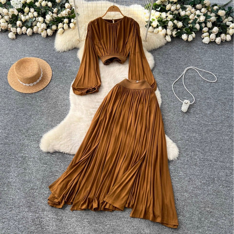 Flared-sleeve Top & Pleated Skirt 2Pcs