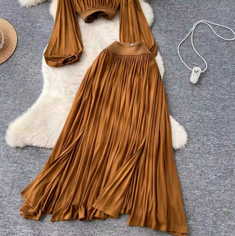 Flared-sleeve Top & Pleated Skirt 2Pcs