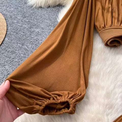 Flared-sleeve Top & Pleated Skirt 2Pcs