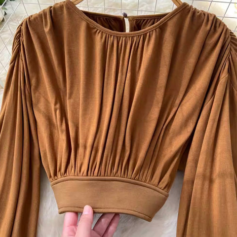 Flared-sleeve Top & Pleated Skirt 2Pcs