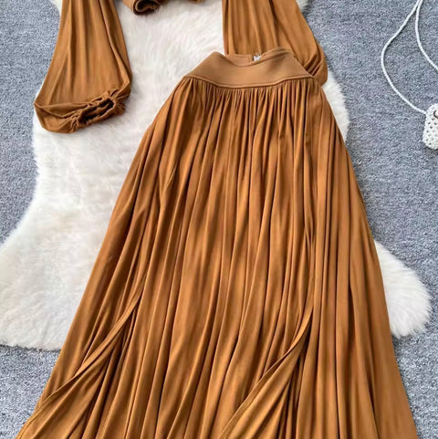Flared-sleeve Top & Pleated Skirt 2Pcs