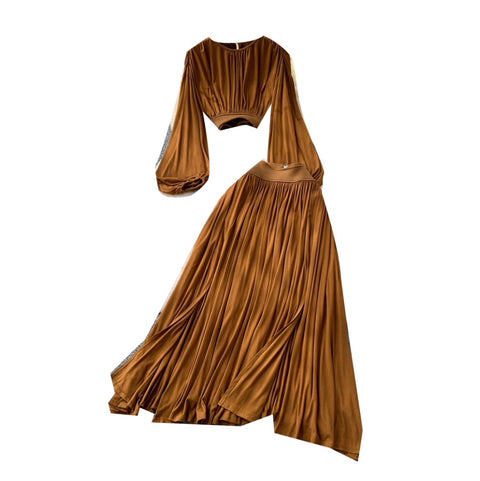 Flared-sleeve Top & Pleated Skirt 2Pcs