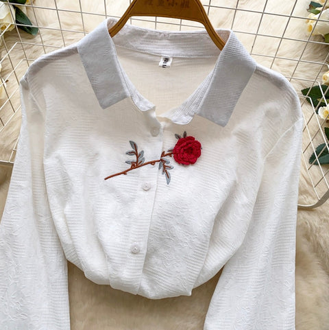Rose Embroidery White Shirt