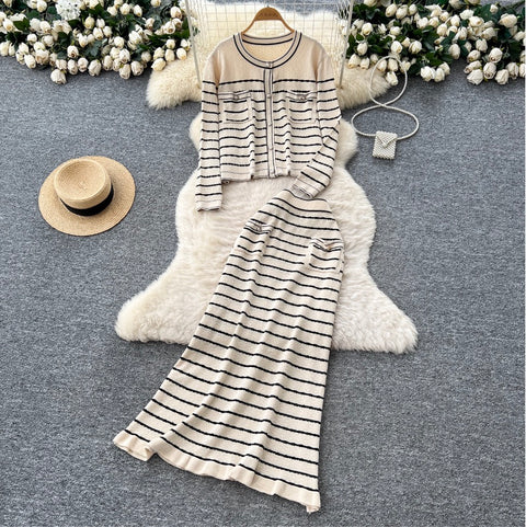 Striped Cardigan & Skirt Knitted 2Pcs