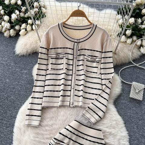 Striped Cardigan & Skirt Knitted 2Pcs