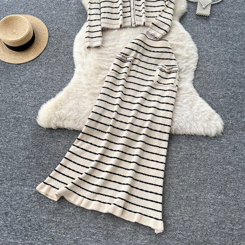 Striped Cardigan & Skirt Knitted 2Pcs